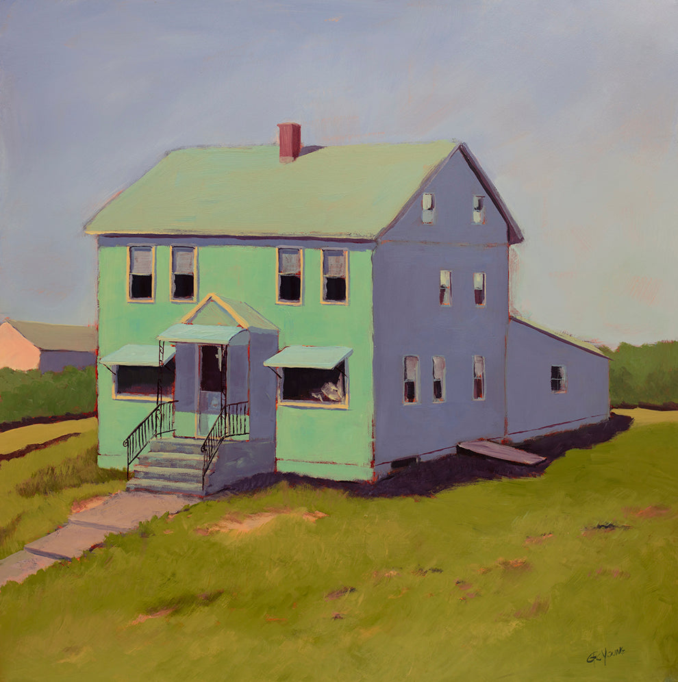 A seafoam green, blue and chartruse contemporary house print by Carol Young.