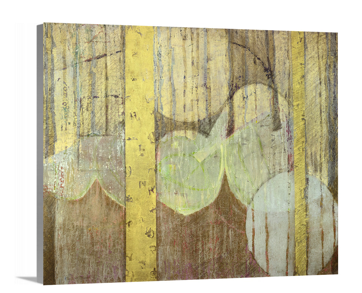A side-angle view of a gold, yellow, light green and light blue abstract print on canvas.