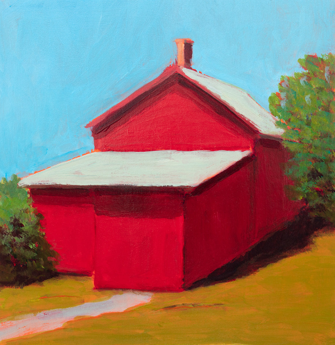 A print of a red barn with a grey roof, blue sky, green bushes and a chartreuse lawn by Carol Young.