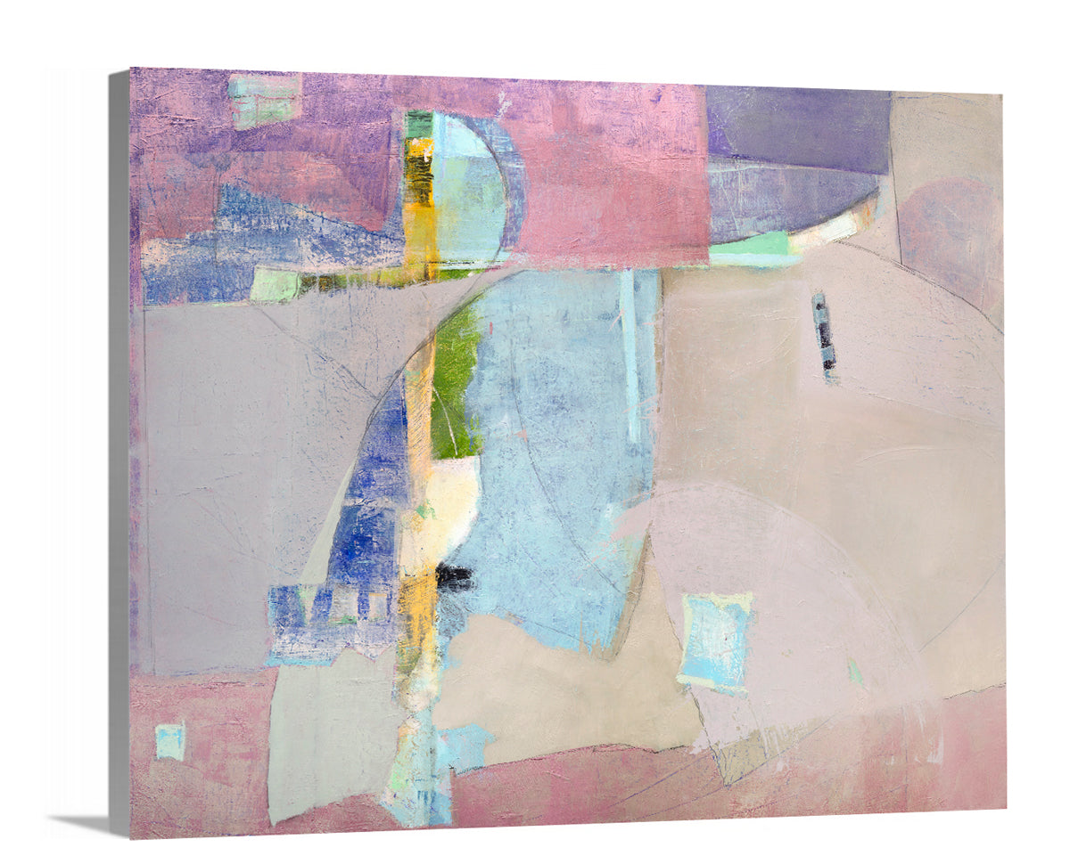 A side-angle view of a pink, light blue, green and purple abstract print on canvas.