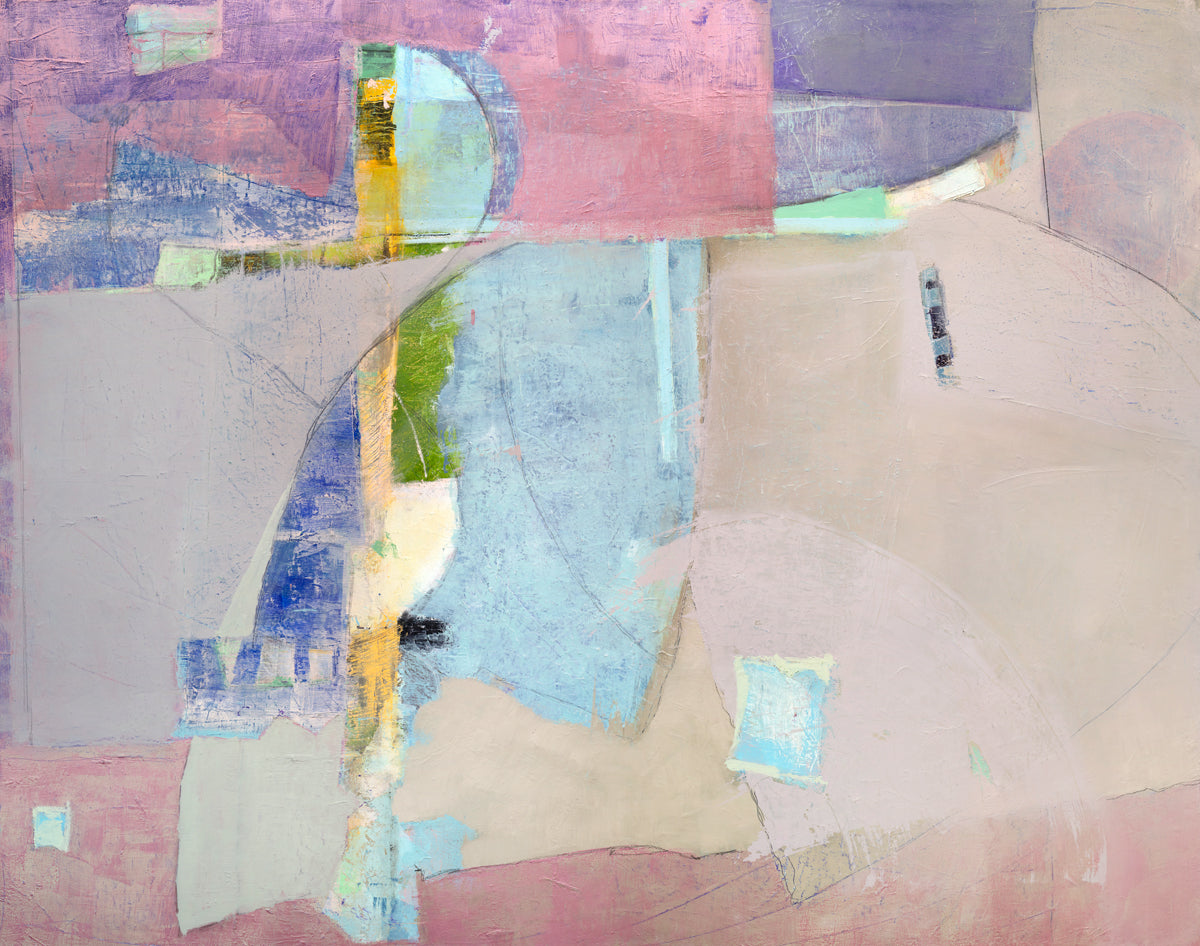 A pink, light blue, green and purple abstract print by Christine Averill-Green.
