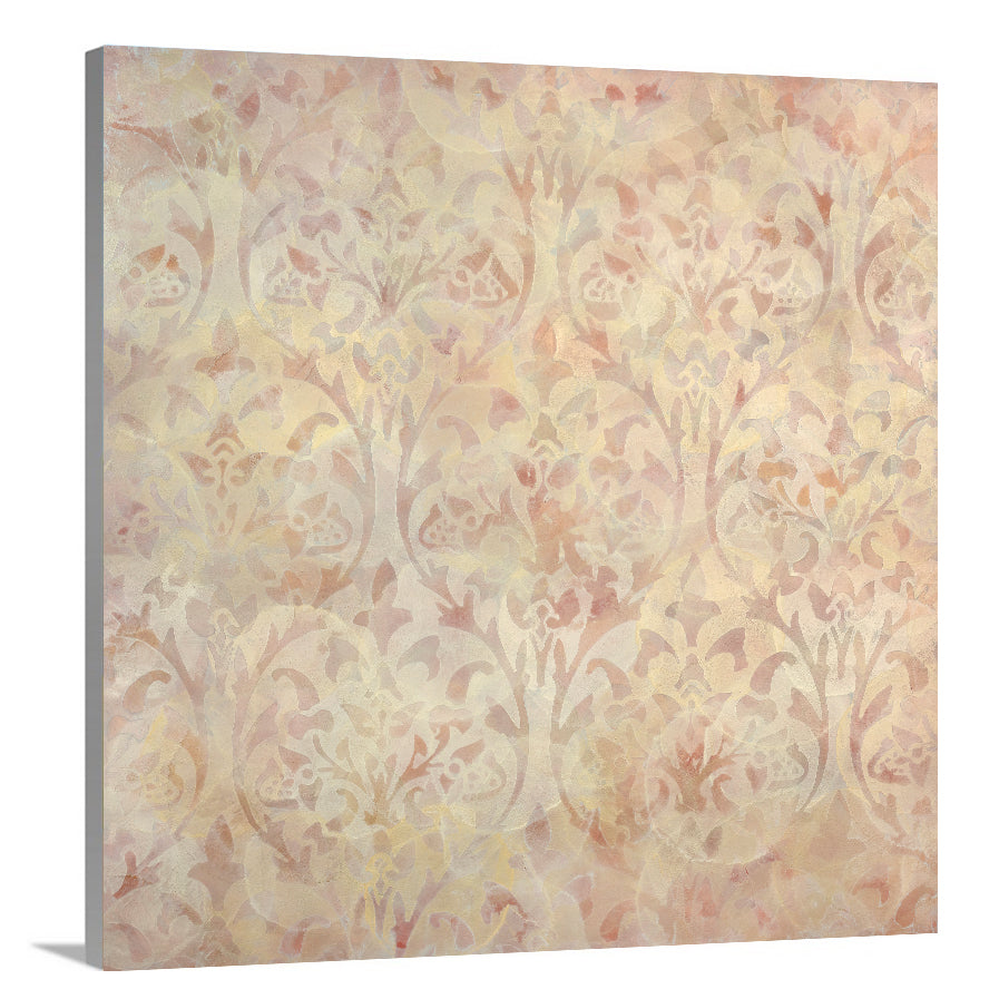 A side-angle view of a pale pink and pale yellow abstract print on canvas.