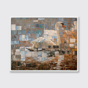 A white, dark orange and brown geometric abstract swan print in a white floater frame hangs on a white wall.