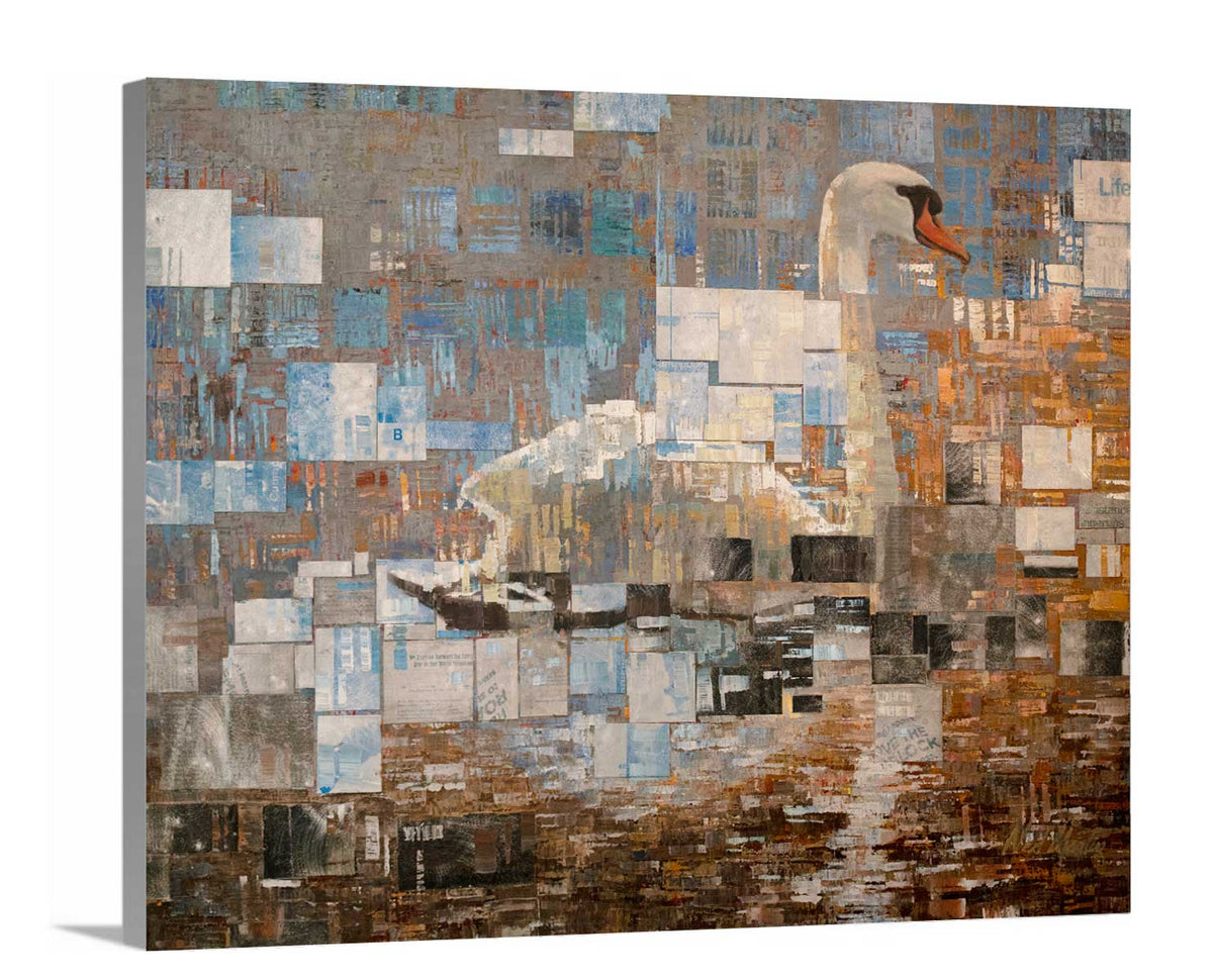 A side-angle view of a white, dark orange and brown geometric abstract swan print on canvas.
