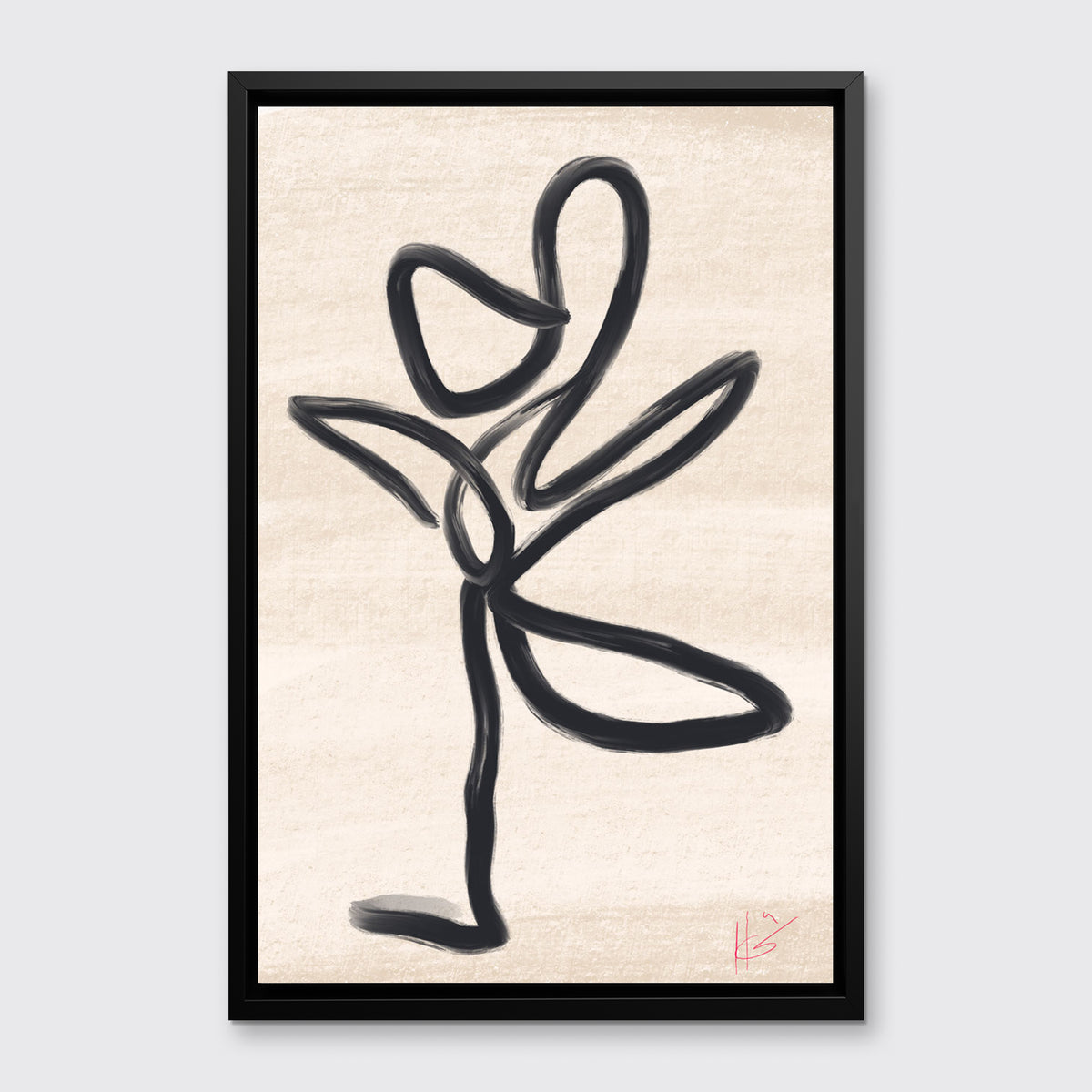 A black minimalistic art print framed in a black floater frame hangs on a light grey wall.