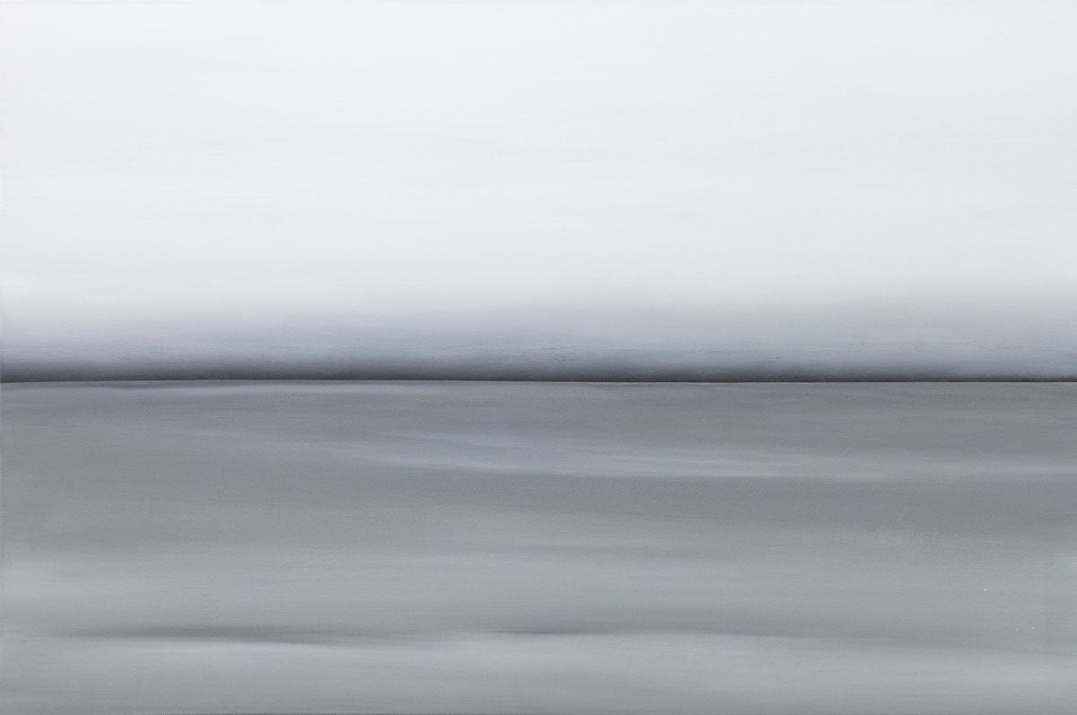 A grey oil painting with a single black line in the middle of the painting that suggests a horizon line. Wired and ready to hang.