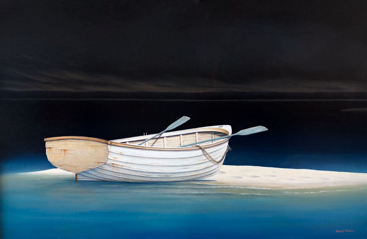 Painting of a rowboat stuck on a sandbank. The sky is dark as the last bit of evening sun sets on the horizon the image is lit by and unknown source coming from the right side of the image. The water closest to the light source glows a light blue.