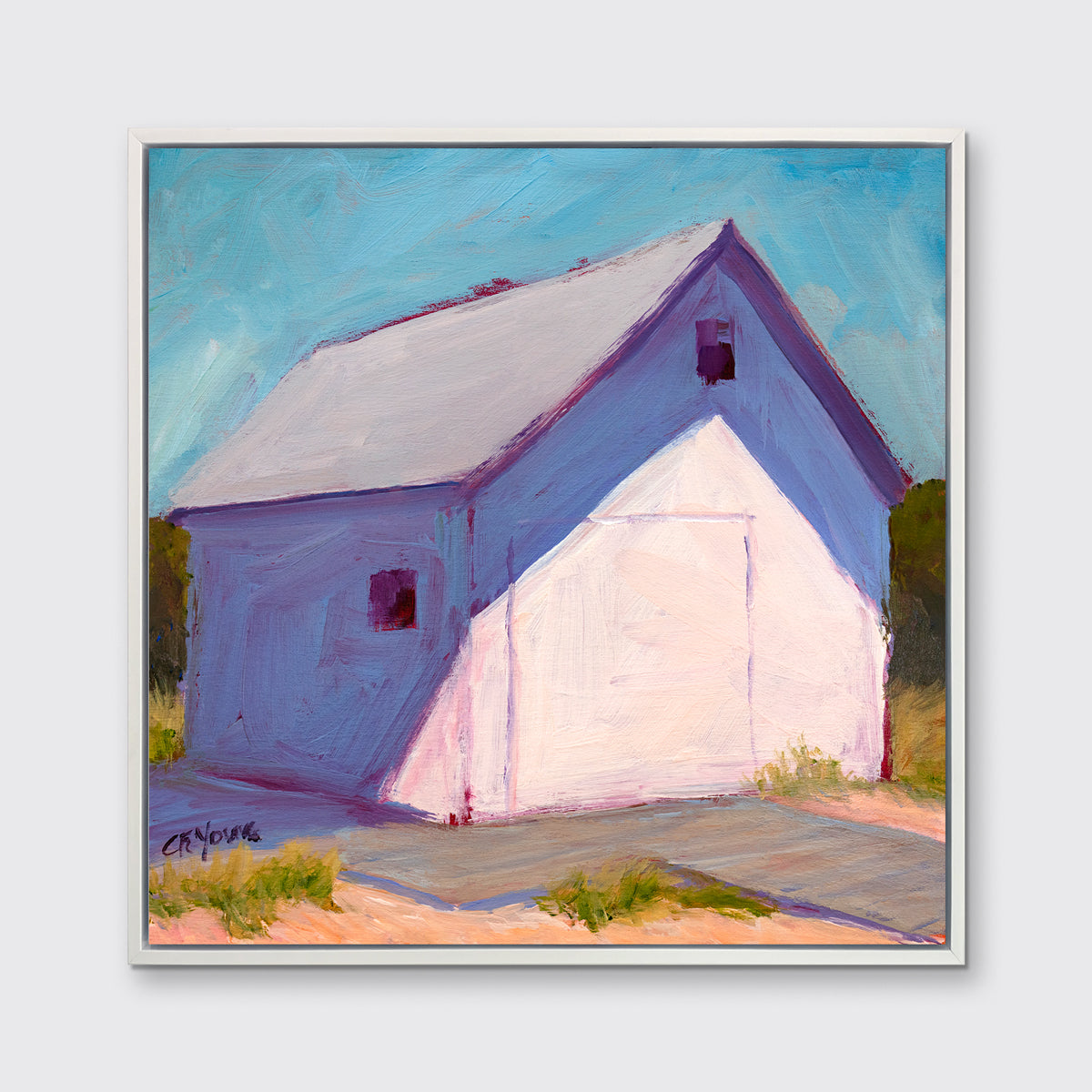 A blue, white and lavender contemporary barn print in a white floater frame hangs on a white wall.