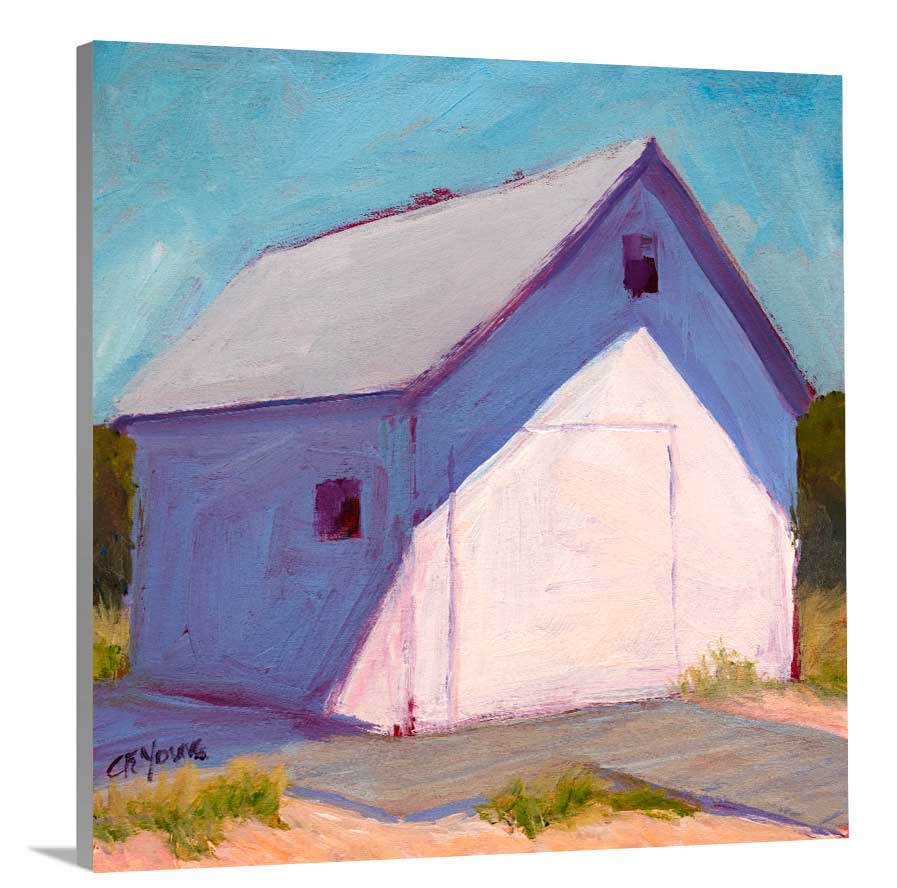 A side-angle view of a blue, white and lavender contemporary barn print on canvas.