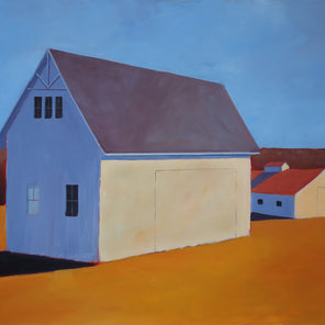 A painted scene of a ranch house at sunrise with a clear blue sky.