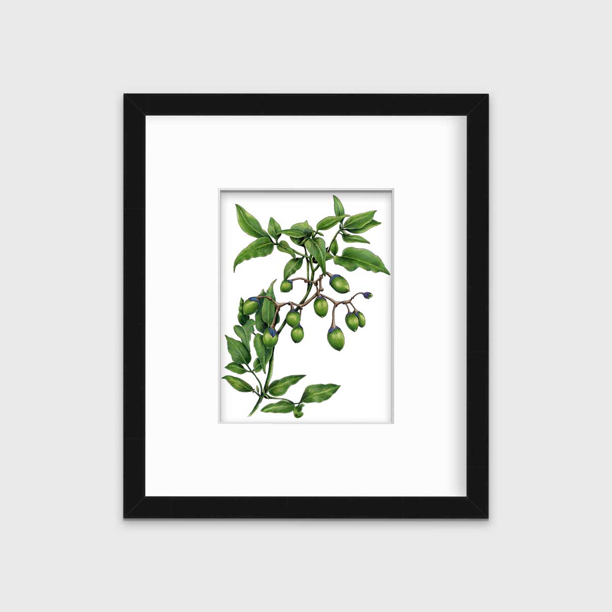 A green plant print in a black frame with a mat hangs on a white wall.