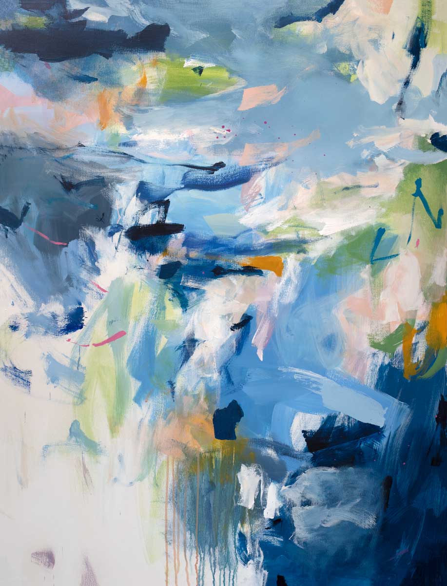 A blue abstract print with green and white accents by Kelly Rossetti.
