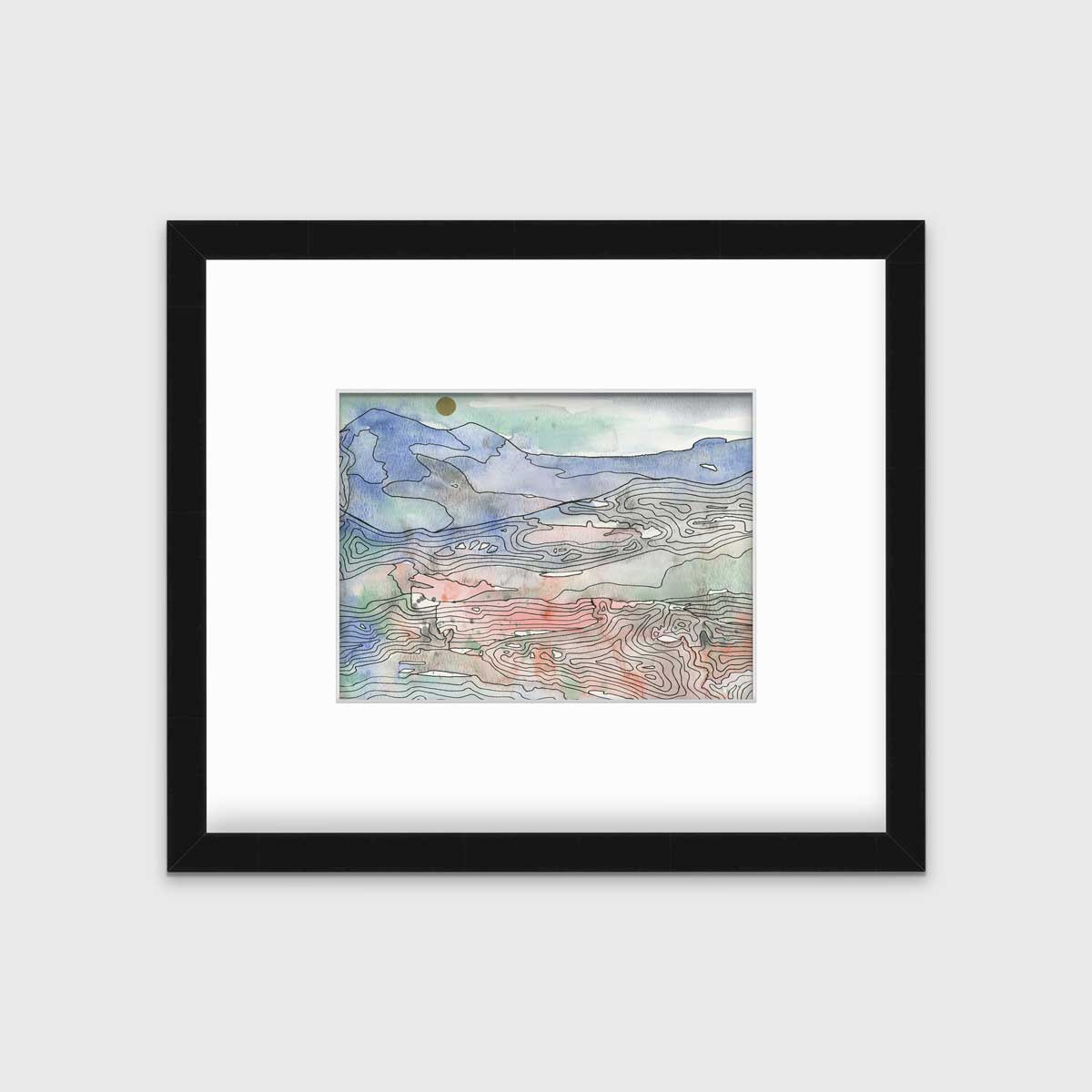 A blue, green and red abstract landscape print in a black frame with a mat hangs on a white wall.