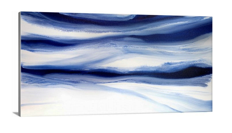 A side-angle view of a dark blue and white abstract print on canvas.