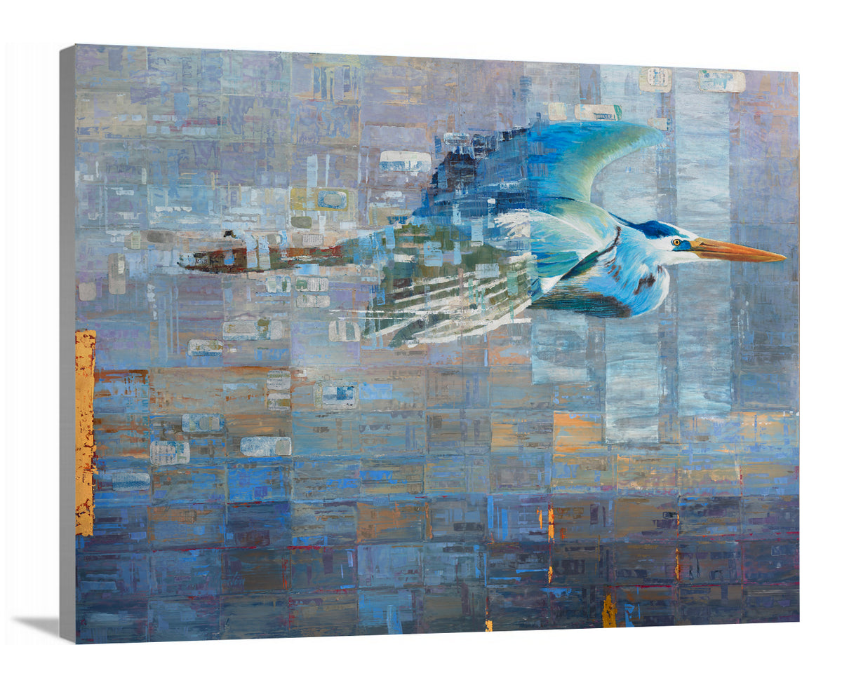 A side-angle view of a blue, teal and light purple geometric abstract print of a blue heron in mid-flight with gold accents on canvas.