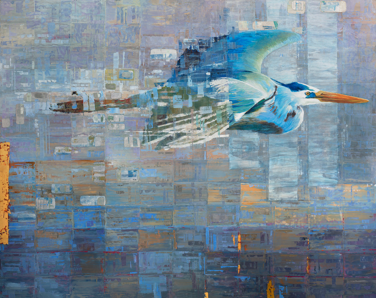 A blue, teal and light purple geometric abstract print of a blue heron in mid-flight with gold accents by Ned Martin.