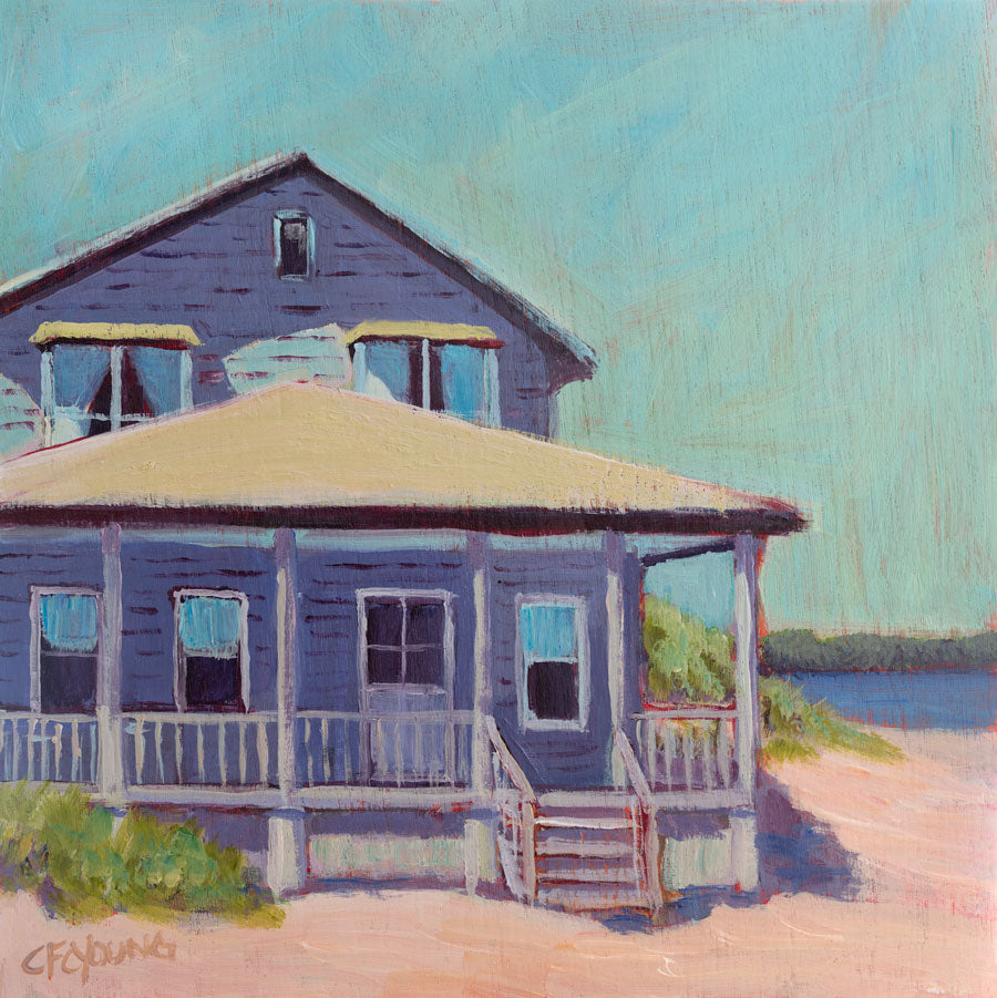 A teal, purple, beige and rose contemporary beach house print by Carol Young.