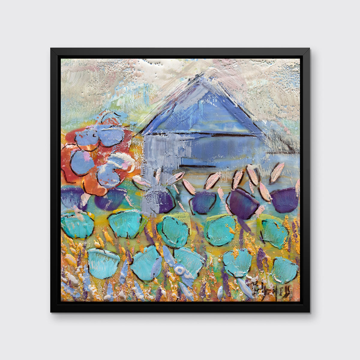 A teal, green and white abstract floral print in a black floater frame hangs on a white wall.