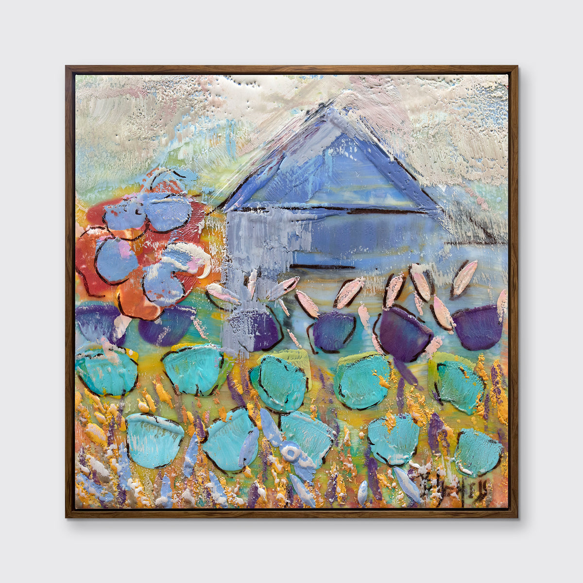 A teal, green and white abstract floral print in an oak wood floater frame hangs on a white wall.