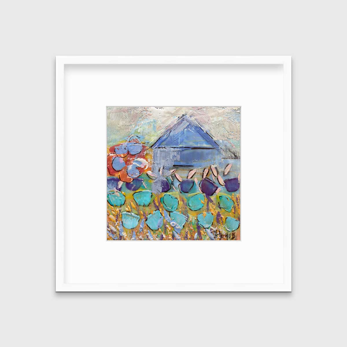 A teal, green and white abstract floral print in a white frame with a mat hangs on a white wall.
