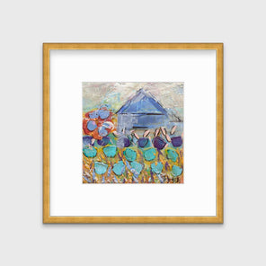 A teal, green and white abstract floral print in a gold frame with a mat hangs on a white wall.