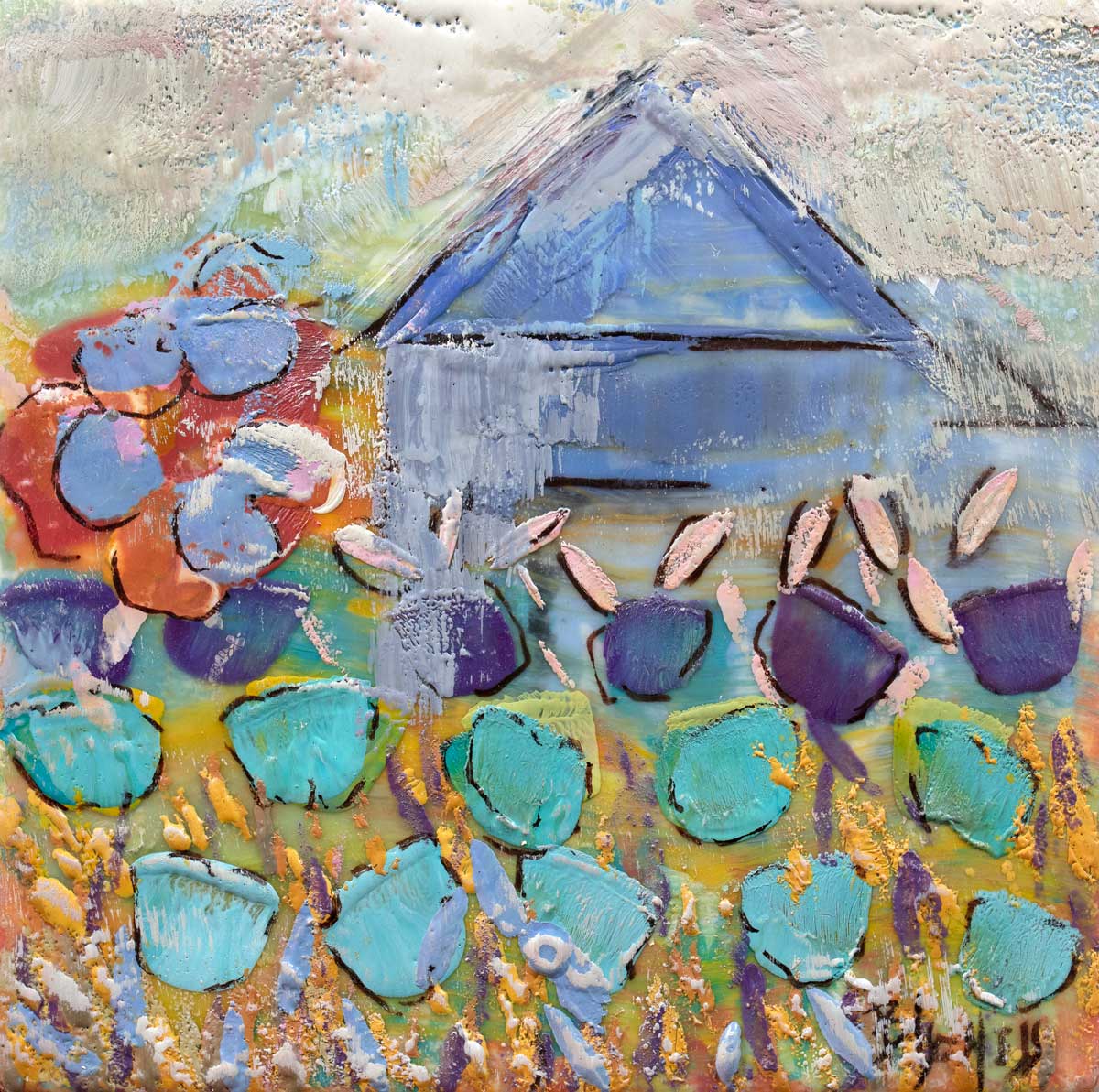 A teal, green and white abstract floral print by Linda Bigness.