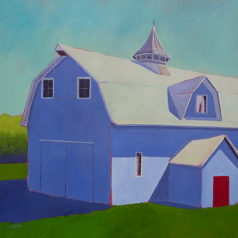 A light blue, lavender and beige contemporary barn print by Carol Young.