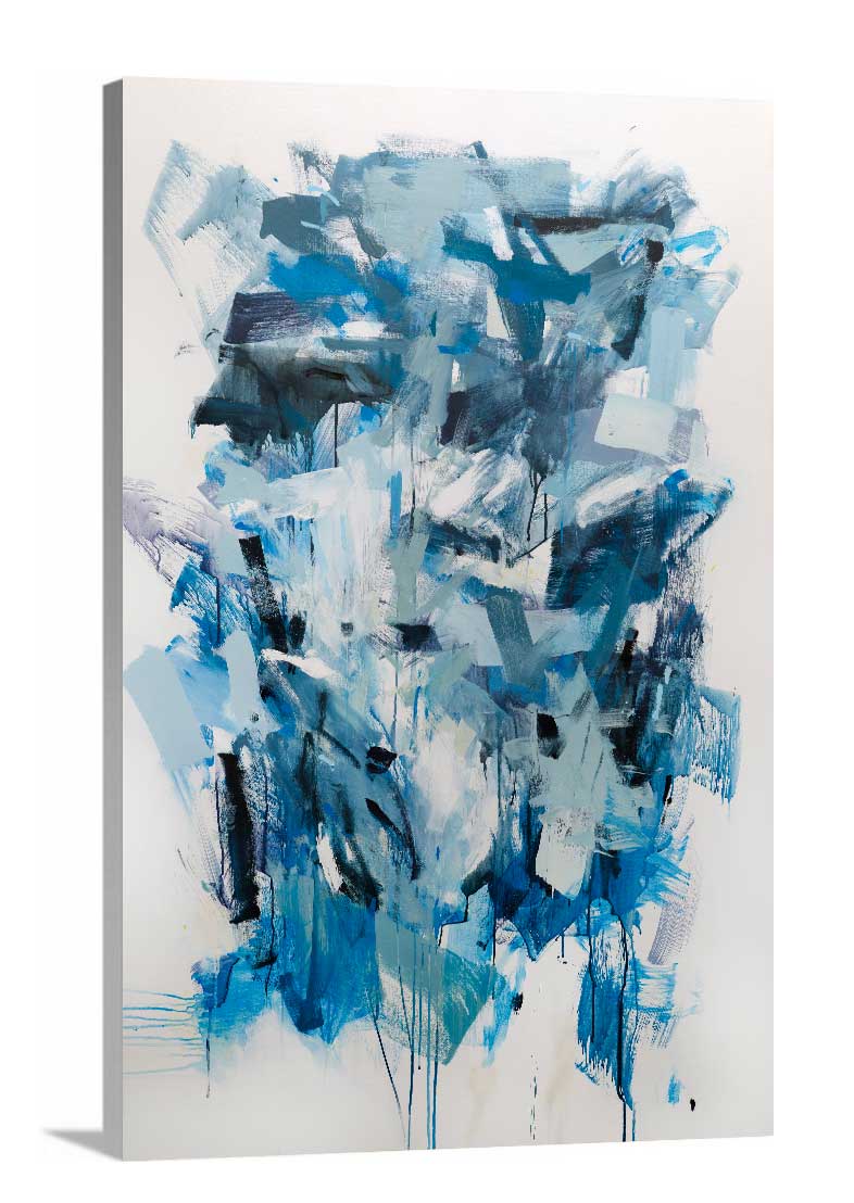 A side-angle view of a blue, teal and white abstract print on canvas.
