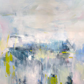 An abstract painting with energetic blue and yellow brushstrokes painted by Kelly Rossetti. Wired and ready to hang.