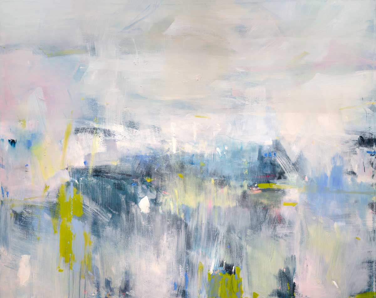 A light pink and blue abstract print by Kelly Rossetti with yellow, gray and white accents.