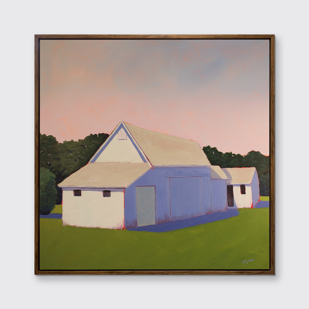 A light pink, lavender and green contemporary barn print in an oak wood floater frame hangs on a white wall.