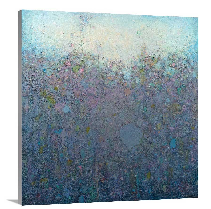 A side-angle view of a blue and purple abstract landscape print on canvas.