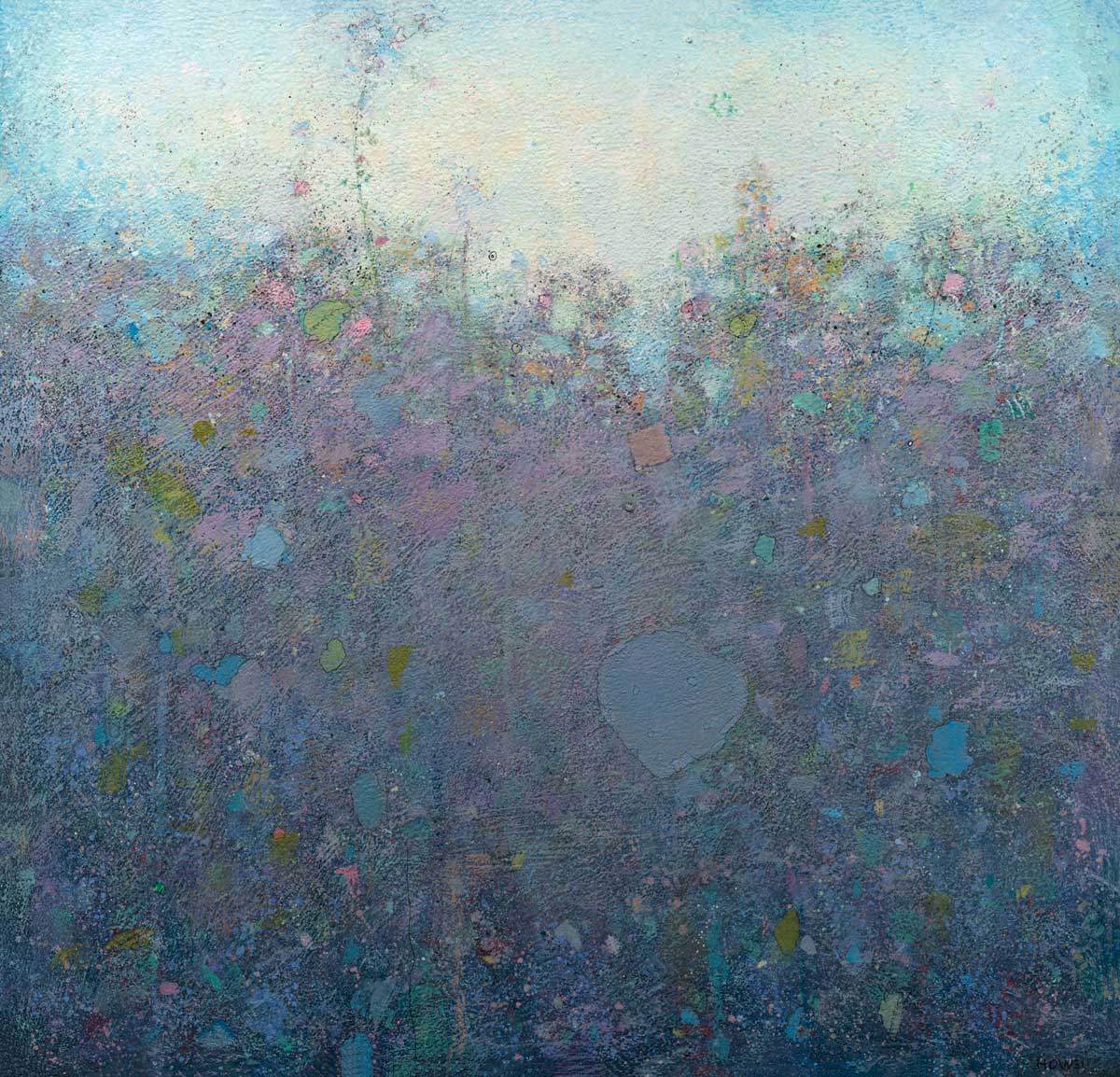 A blue and purple abstract landscape print with multicolored accents by Elwood Howell.
