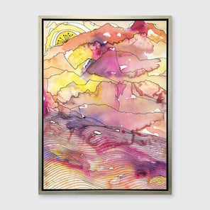 A yellow, pink, purple and black abstract landscape print in a silver floater frame hangs on a white wall.