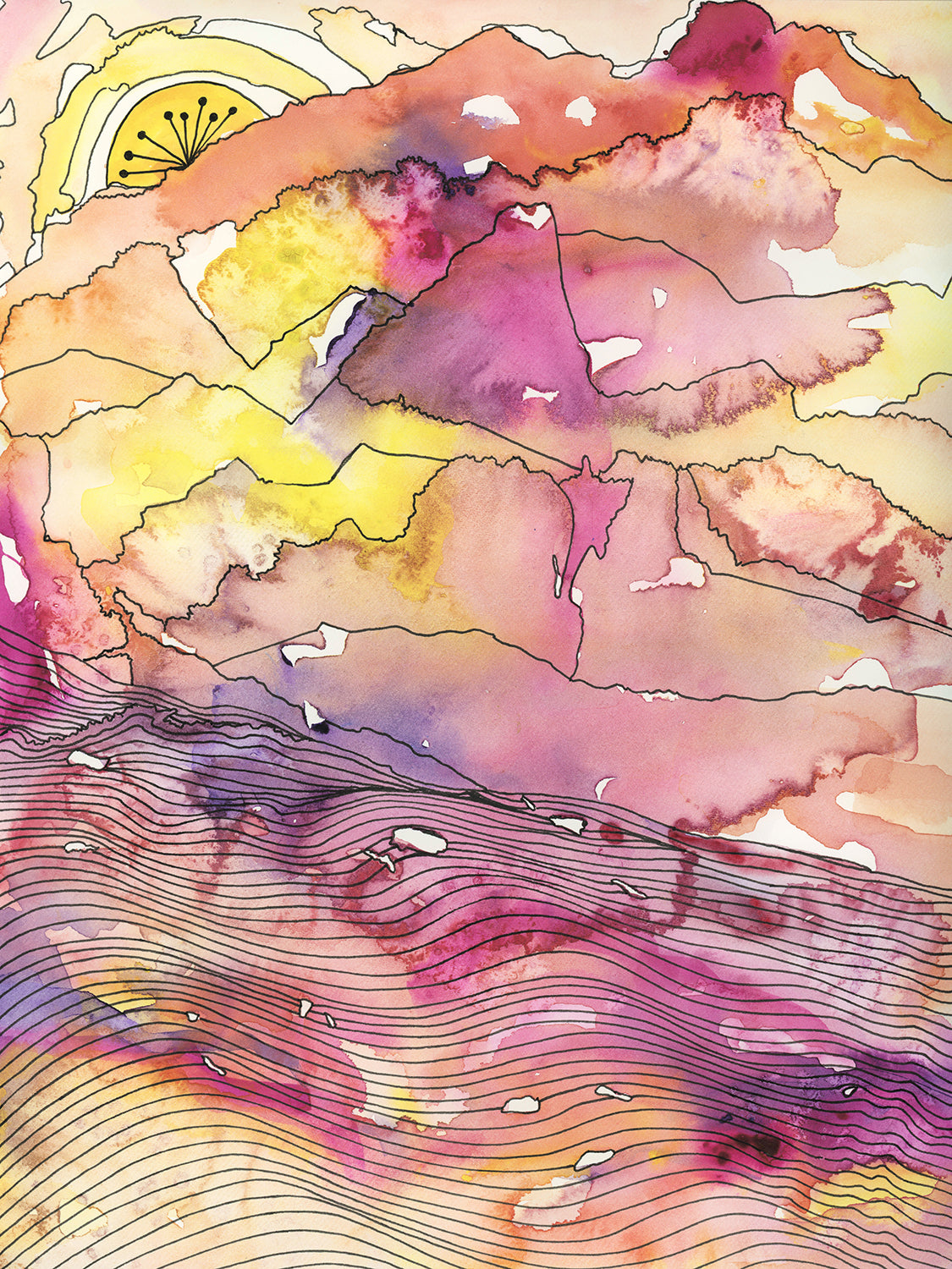 A yellow, pink, purple and black abstract landscape print by Melissa Kircher.