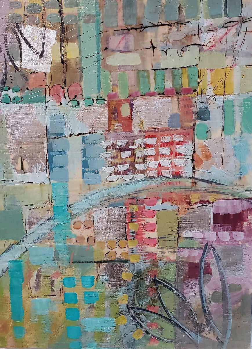 Abstract encaustic painting with multicolored rectangular brush strokes.