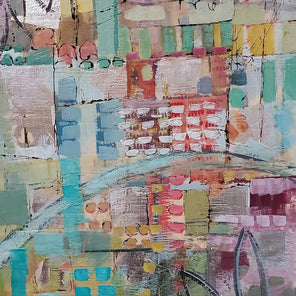Abstract encaustic painting with multicolored rectangular brush strokes. 