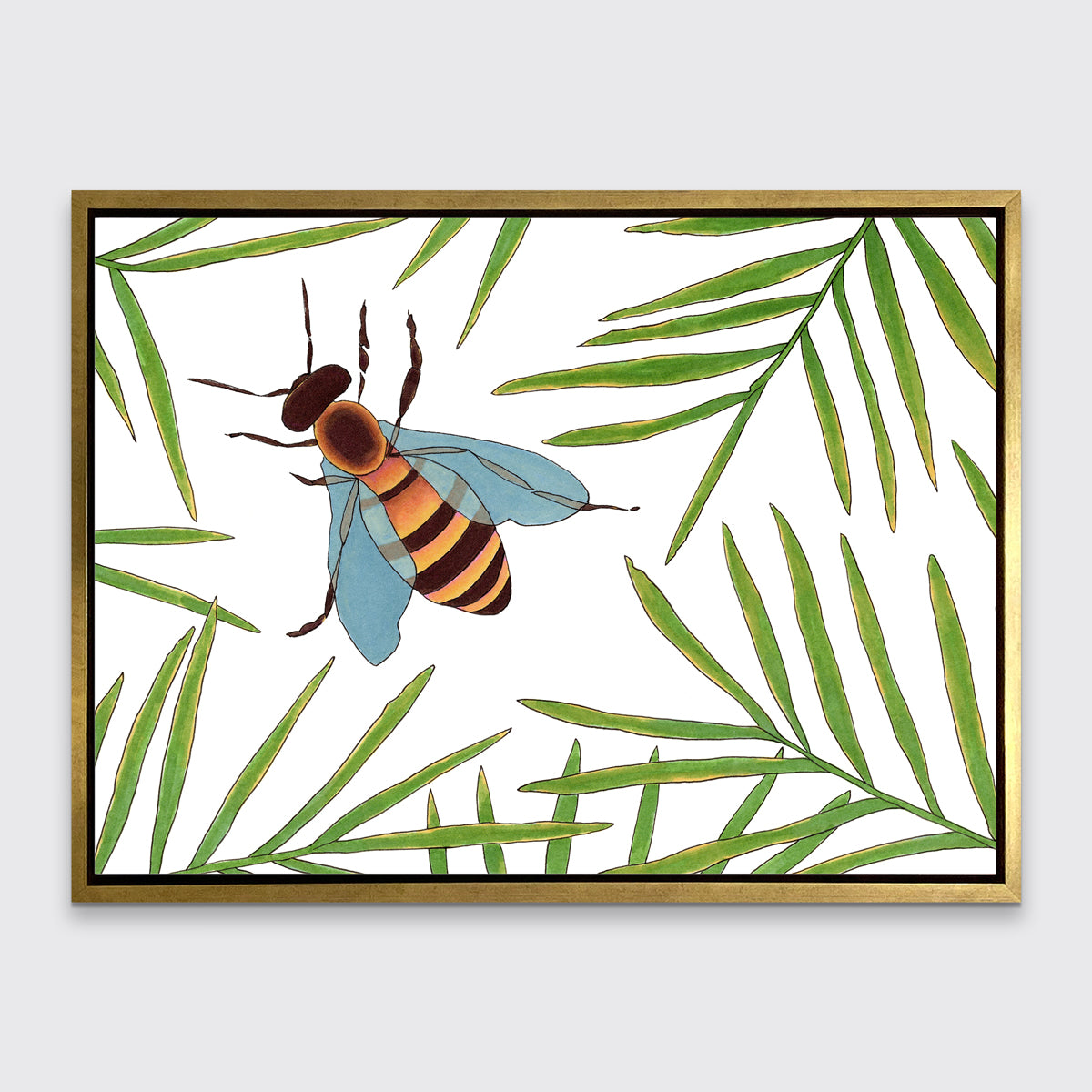 A white and green bee illustration print framed in a gold floater frame hangs on a light grey wall.