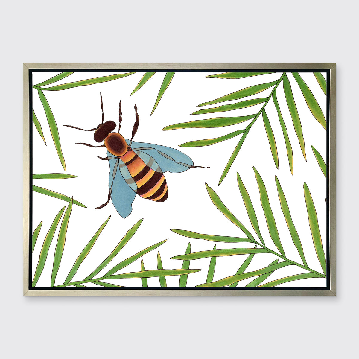 A white and green bee illustration print framed in a silver floater frame hangs on a light grey wall.
