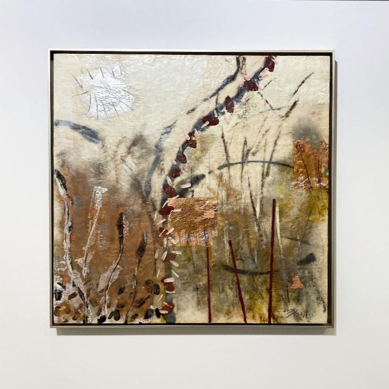 A straight view of a nature-inspired abstract painting by Linda Bigness hanging on a white wall.