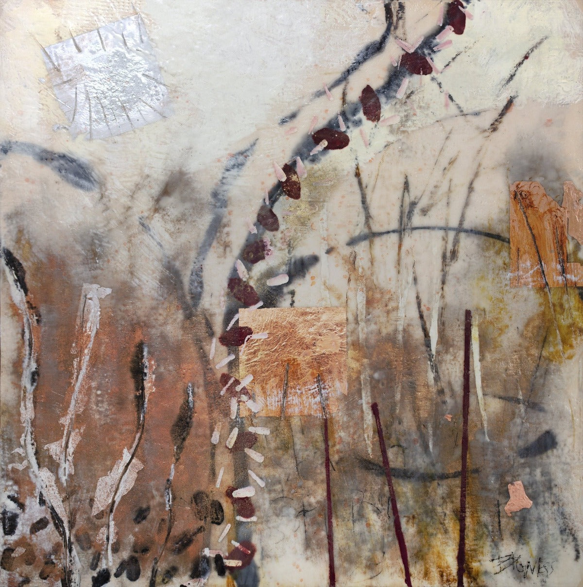 A detail of an abstract, nature-inspired painting by Linda Bigness.