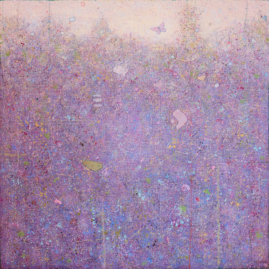 A pink abstract landscape with a butterfly and multicolor accents.