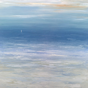 A blue, white and beige abstract seascape painting with a white sailboat by S. Cora Aldo.