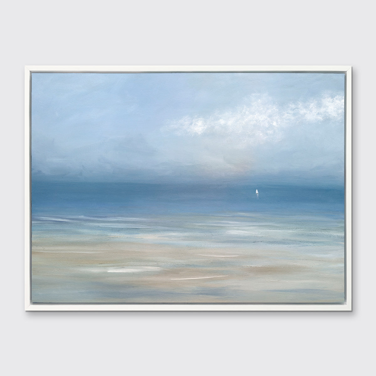 A light blue, white and beige abstract seascape print in a white floater frame hangs on a white wall.