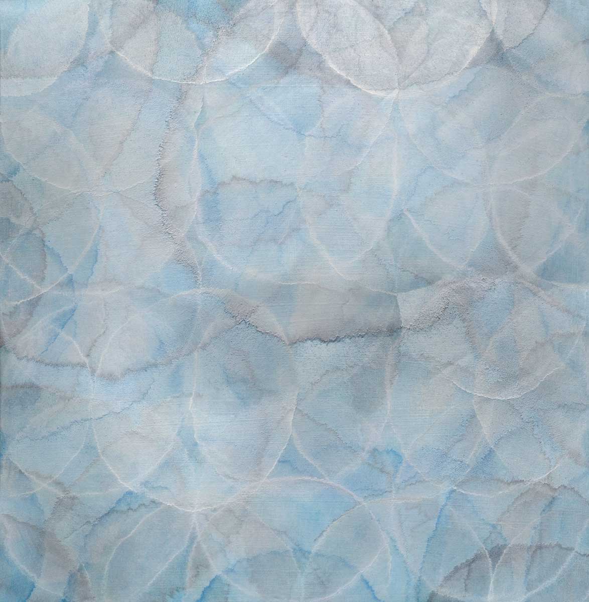 A light blue and silver overlapping circle print by Roger Mudre.
