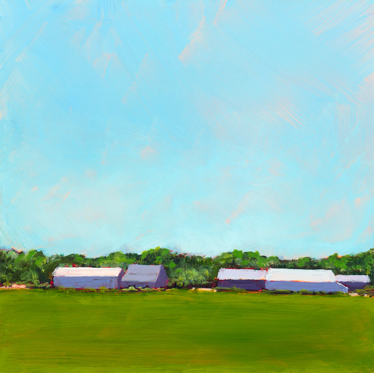A blue, green, lavender and white landscape print by Carol Young.