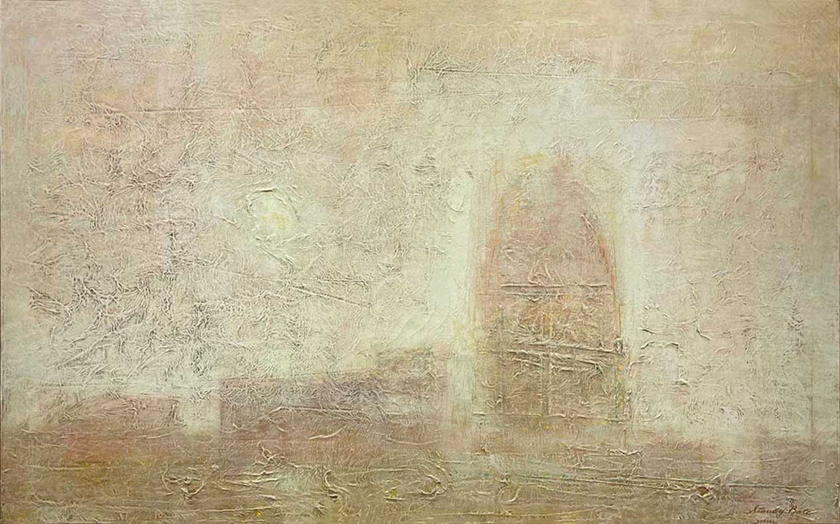 A beige abstract painting by Stanley Bate.