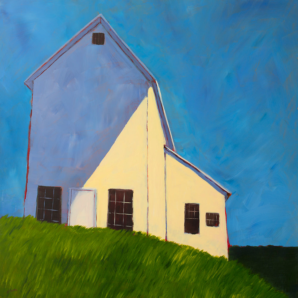 A blue, beige, lavender and green contemporary barn print by Carol Young.