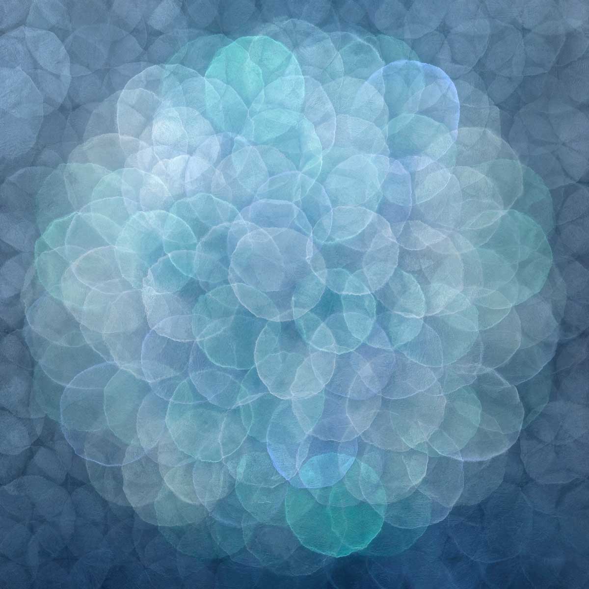 A blue, teal, light lavender and white abstract geometric print by Roger Mudre.