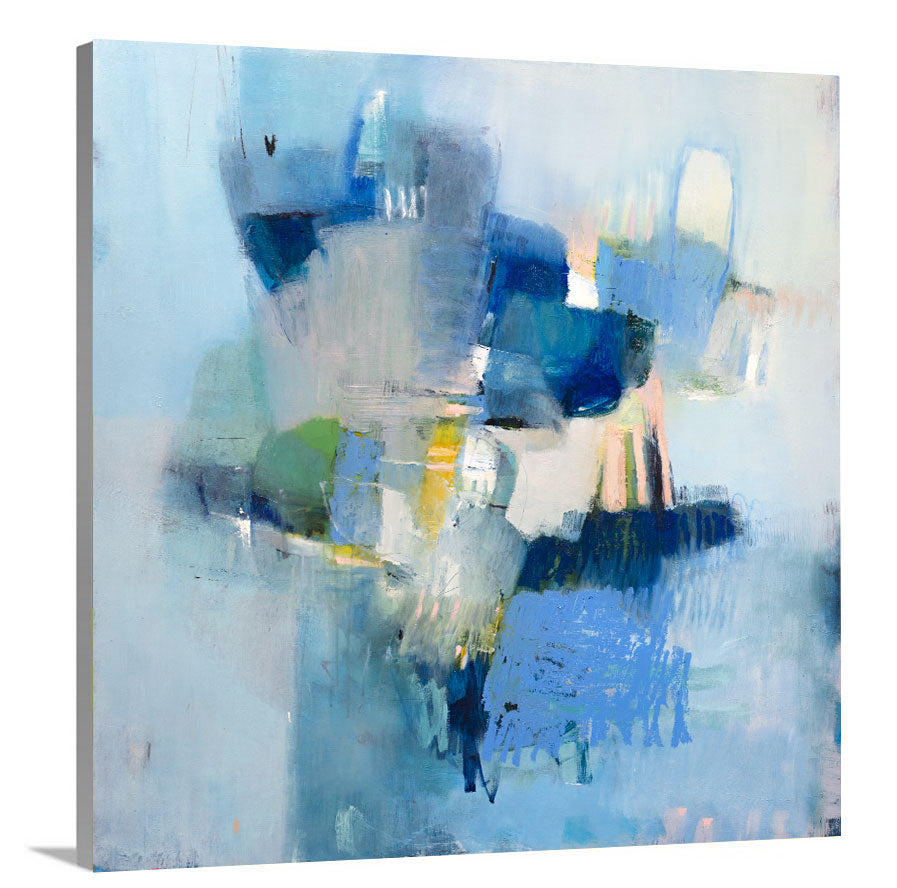 A side view of a blue abstract print by Kelly Rossetti on canvas.